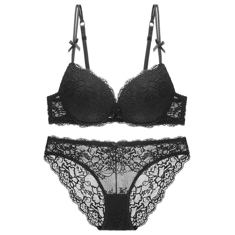 Black CINOON New Top Sexy underwear Set Push-up Bra And Panty Sets Embroidery Lace Brassiere Adjustable Straps Gathered Lingerie - Цвет: Black