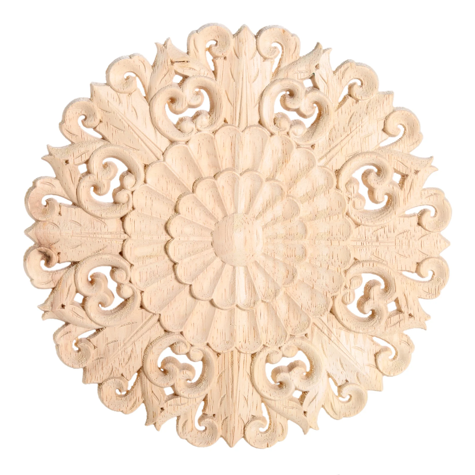 

Unpainted Applique Wood Carving Decal Round Flower Exquisite Furniture Decoration Solid Wood Antique Crafts Door Bed Decor