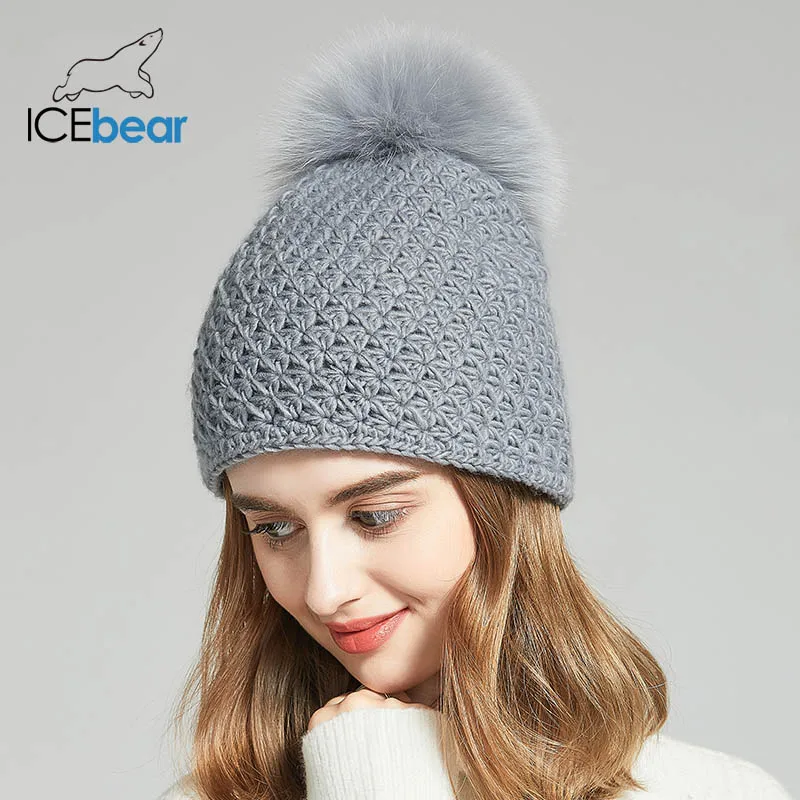 ICEbear Женские шапки для зимы, имитация шерсти, толстые шапки для женщин, однотонные, новые брендовые шапки E-MX18130FQ