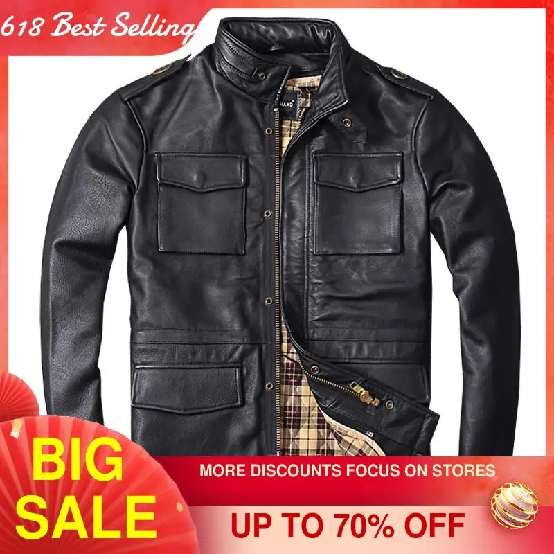 

2021 Black M65 Safari Style Genuine Leather Jacket Men Plus Size 4XL Real Natural Cowhide Winter Thick Warm Slim Fit Coat