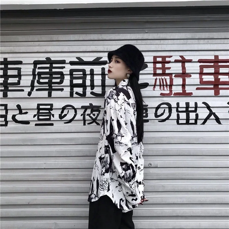 

Vintage Shirt Women Harajuku Print Spring Fashion 2021 Button Up Shirt Long Sleeve Plus Size Loose Women Clothing