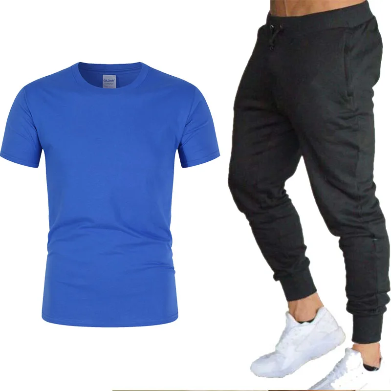 

2021 NEW men's Two Piece Sports T-shirt and Pants Brand Casual Sports Suit Fashion Pure Cotton Sportswear Summer