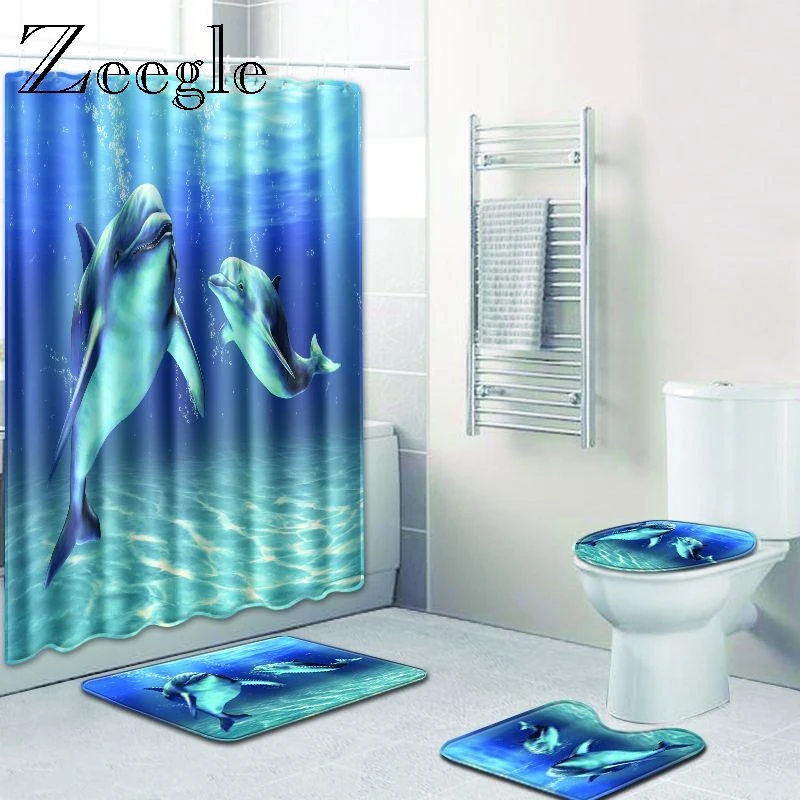 

Zeegle Dolphin Pattern Bath Mat for Bathroom with Shower Curtain Toilet Lid Cover Bathroom Floor Mats Microfiber Toilet Rugs