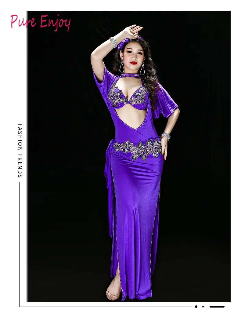 Красный Фиолетовый Костюм Танца Живота 5 Шт. Набор Женщины Bellydance Роскошный Египетский Стиль Galabeya Танцевальное Платье Спектакли