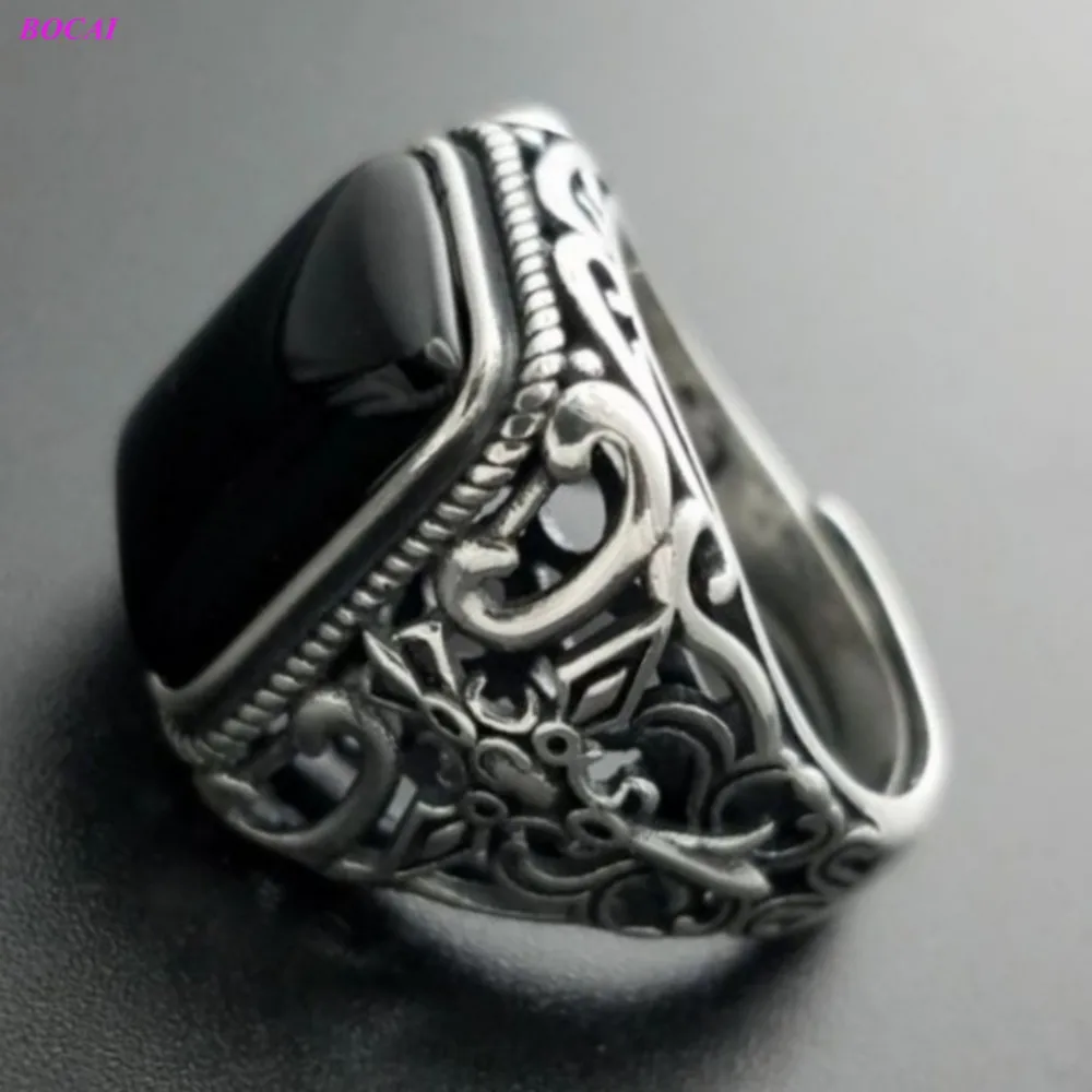 BOCAI S925 однотонные серебро кольца натуральный черный агат мужские солнцезащитные