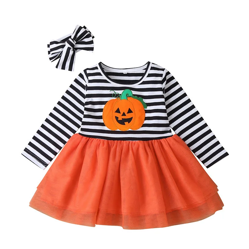 Summer 2020 Girls Dress Cute Long Sleeve O Neck Print Pumpkin Head Striped Vestidos 12M-5T | Детская одежда и обувь