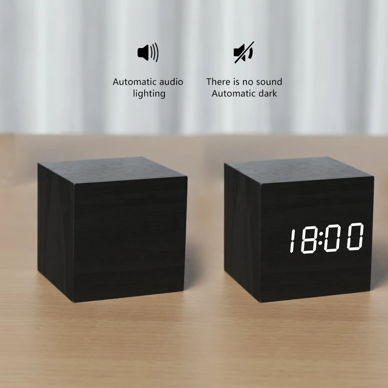 Buy Alarm Clock LED Wooden Watch Table Voice Control Digital Wood Despertador USB/AAA Powered Electronic Desktop Clocks on
