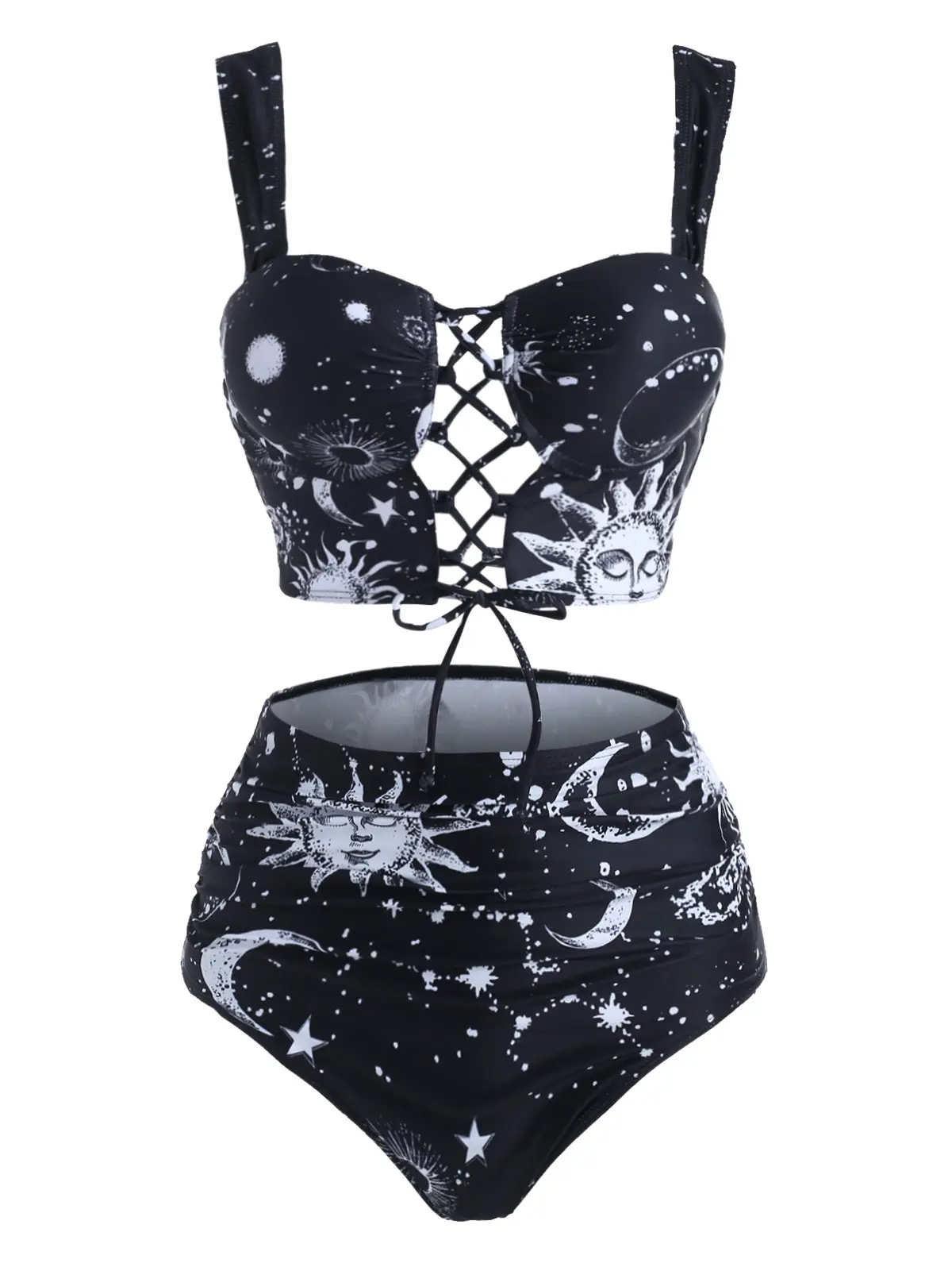 

2021 Sexy Women Swimsuit Padded Swimwear Moon Sun Star Print Lace Up Tummy Control Tankini Set Beach Wear Bathing Suit Biquini