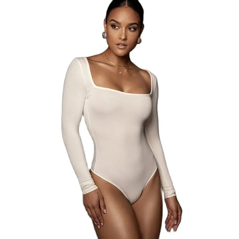 

Боди женское Облегающее с длинным рукавом, однотонный Повседневный Топ с квадратным вырезом, белый черный, на осень-зиму