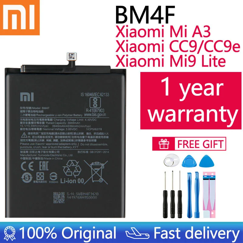 

Xiao mi 100% Orginal BM4F 4030mAh Battery For Xiaomi Mi A3 CC9 CC9e Mi 9 Lite High Quality Phone Replacement Batteries +Tools