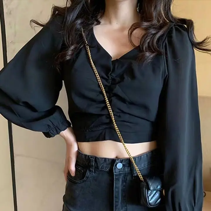 

Puff sleeve Crop Top Women V neck Long sleeve Vintage Shirt Blouse Solid Color Black White Short Tee Shirts Korean Fashion 2021