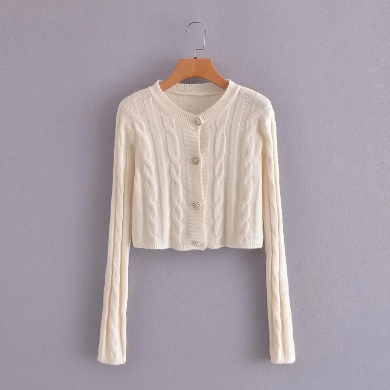 

Retro autumn and winter fashion 2022 new ladies short twist sweater round neck cardigan button long-sleeved knitted top women