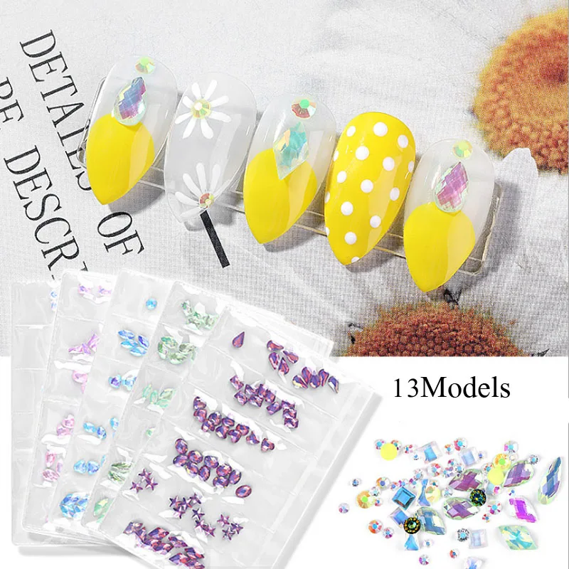 Хит продаж, прозрачные кристаллы смешанного размера высокой яркости AB без термической модификации, плоское дно, алмазные ногти, 3D дизайн ногтей