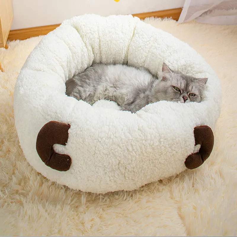 

Fluffy Calming Dog Bed ROund Plush Cat Warm Bed House Cute Lightweight Comfortable Touch Kennel for Kitty Cat Sleeping Basket