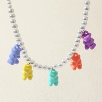 white pearl chains cute rainbow jellies bear pendant choker collar necklace for girls women party clavicle gummy bear necklaces