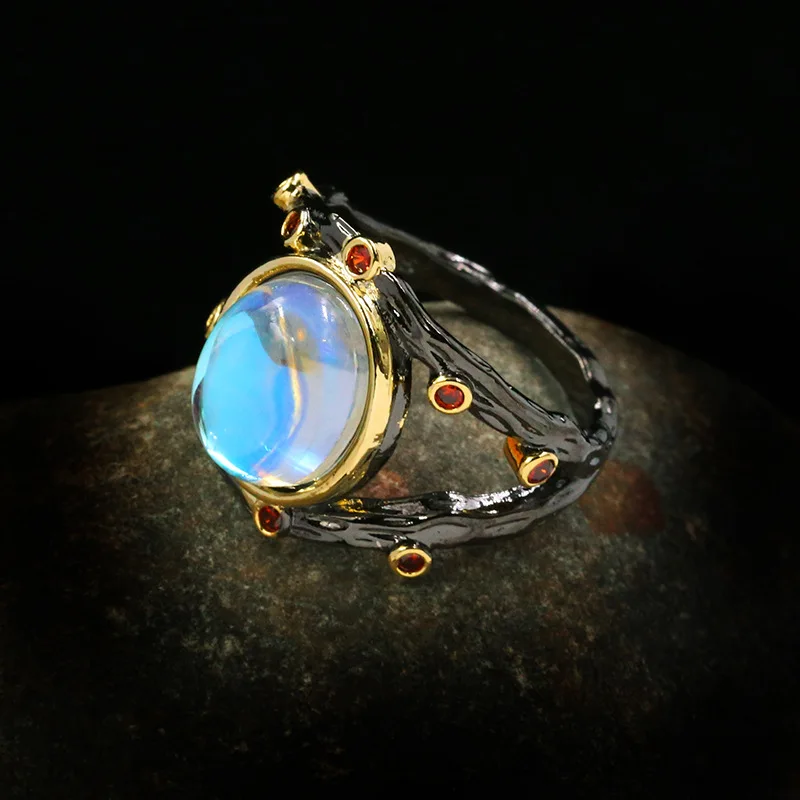 

Neo-Gothic 14K Multi-tone Black Gold Jewellry Ring for Unisex Anillos De Moonstone Gemstone Bizuteria CN(Origin) Silver 925 Ring