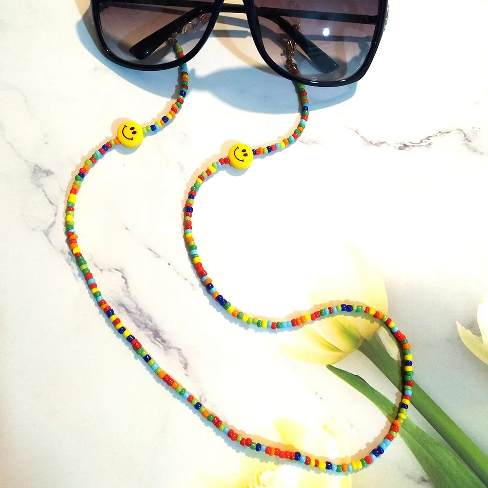 

Designer original smiley colorful beads glasses chain mask rope women's girls sunglasses lanyard factory direct sales