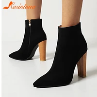 karinluna fashion new female flock square heels pointed toe boots concise zipper solid ankle boots womenbig size 34 43