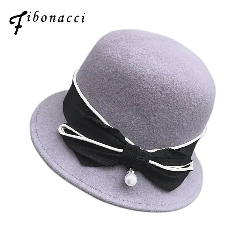 

Fibonacci Hats For Women Wool Fedora Hat Winter Purple Trilby Hat Female Bow Felt Fedoras Dome Bowler Chapeu Cap Clearance