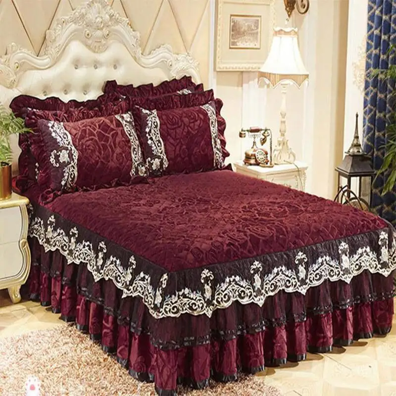 36 3pcs thick lace bedspreads Euro style velvet skirted bed sheet and pillowcases set quality cover | Дом и сад