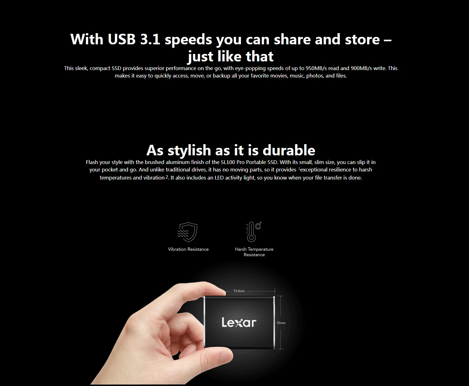 Lexar SL100 Pro Портативный SSD USB 3,1 Gen2 внешний SSD жесткий диск HDD 950 МБ/с./с 500 ГБ 1 ТБ твердотельные накопители внешний жесткий диск