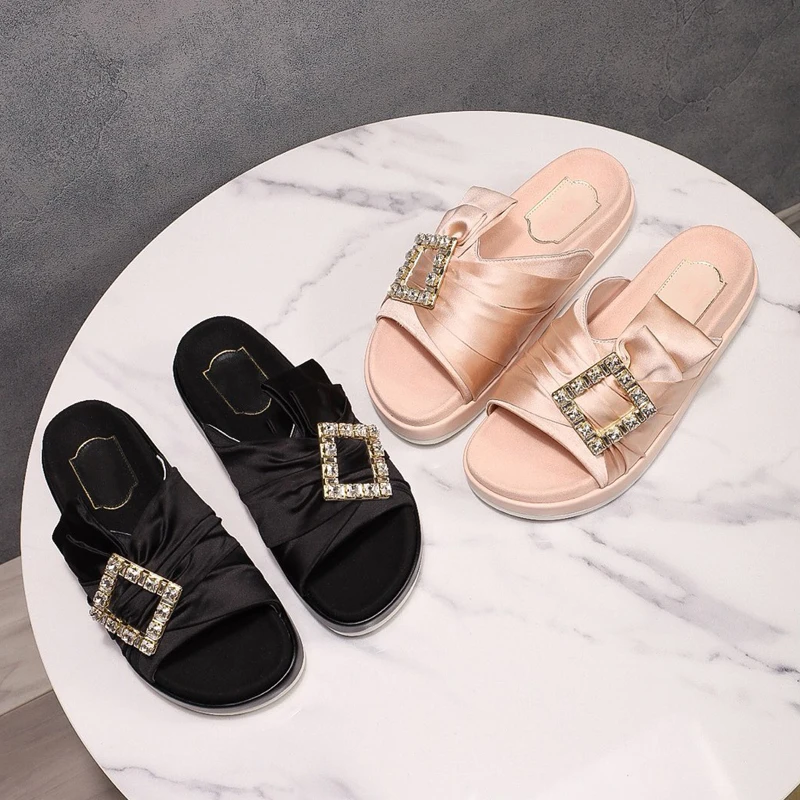 

Luxury Brand Pleated Soft Leather Thick Women Sandals for Ladies Cool New 2021 Party Dancing Shoes Woman