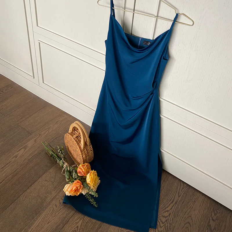 

Robe crayon en Satin sans manches pour femmes, elegante, Sexy, couleur unie, col Slash, Streetwear lisse et souple, ete 2021