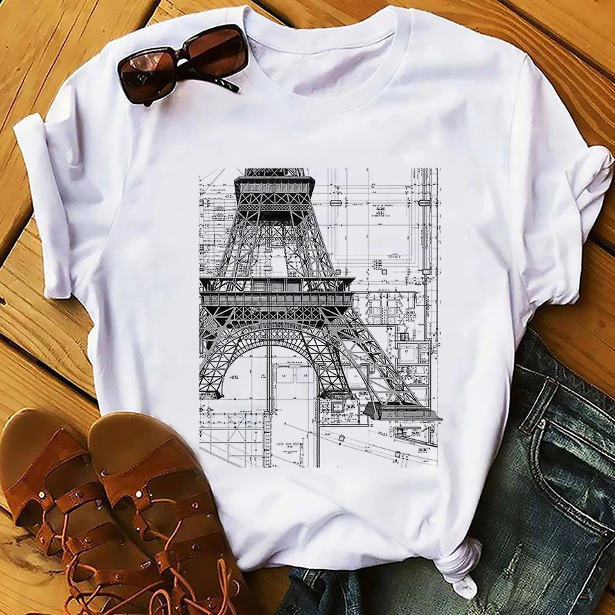 

Eiffel Tower and Church retro Design drawings geek t-shirt men new white casual homme TShirt hipster Engineer streetwear t shirt