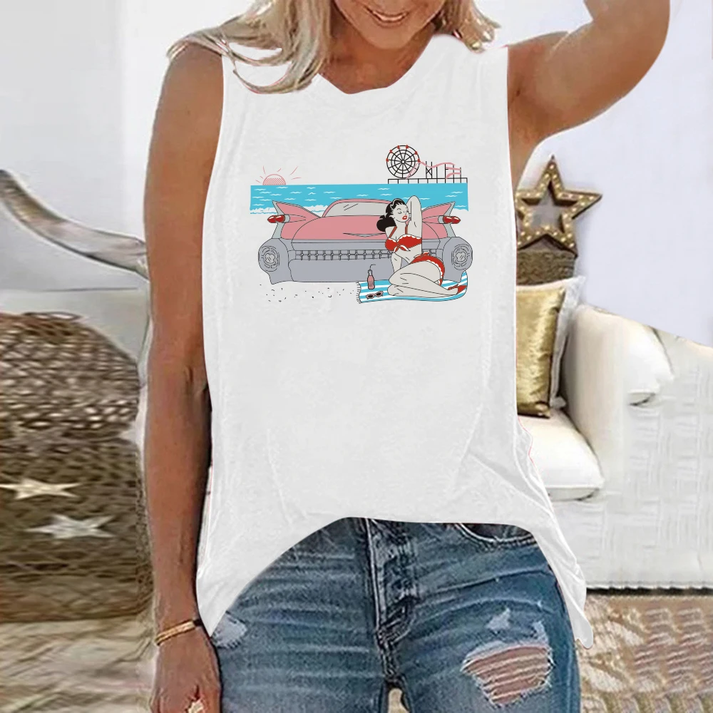 

Seeyoushy Beauty Girls and Car Seaside Vacation Print Graphic Tee T Shirt Women Top 2021 Harajuku Sleeveless Summer Losse Shirt
