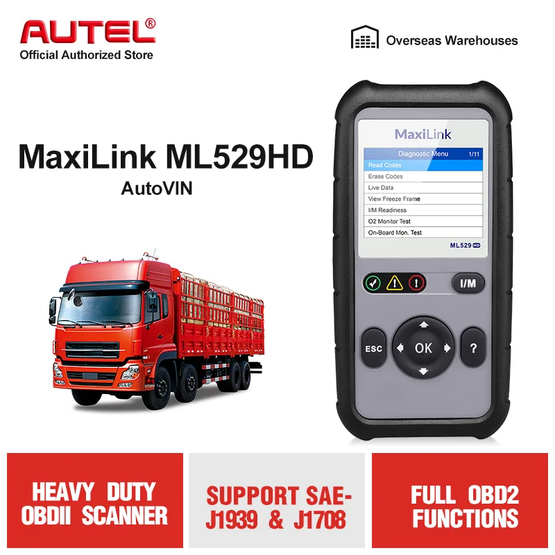AUTEL MaxiLink ML529HD грузовики OBD2 сканер тяжелый светильник считыватель кодов компьютера грузовых автомобилей сверхмощный диагностический инструмент грузовики сканер Диагностика