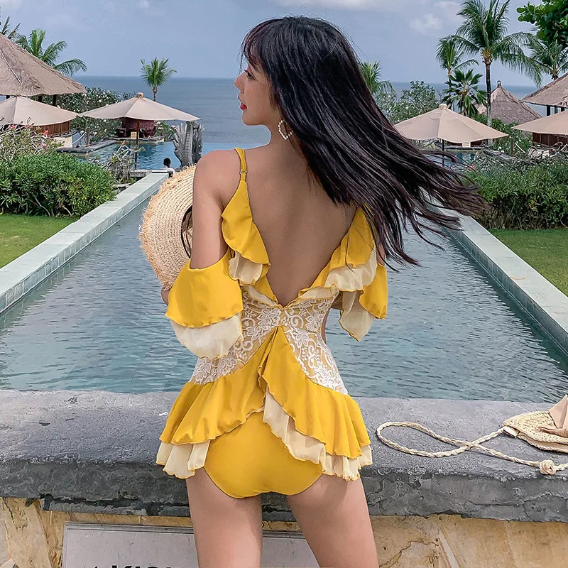 Сексуальный кружевной Цельный купальник Женская однотонная одежда для плавания