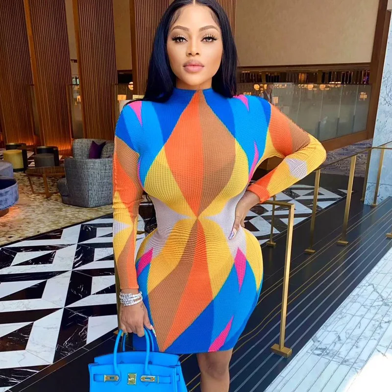 

Women Sexy See Through O-Neck Long Sleeve Printing Contrast Patchwork Mini Dress Chic Bodycon Sleeveless Undefined Streetwear