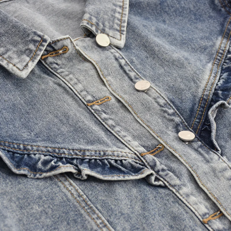 

2021 Spring Autumn Ruffles Denim Jacket For Women Casual Pocket Jacket Femme Overcoat Long Sleeve Single Breasted Chic Jean Coat