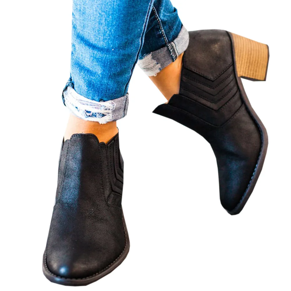 

2019 New Women Ankle Boots Block High Heels Botas Zapatos Mujer Retro Leather Winter Shoes Woman Plus Size Booties Cowboy Boots