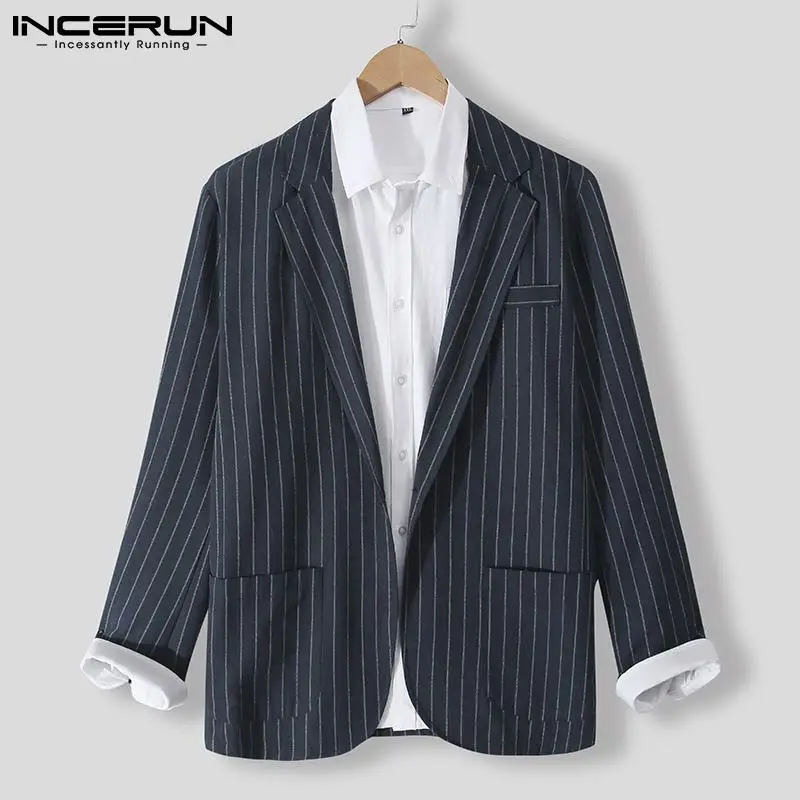 

Men Striped Blazer Turn Down Collar Long Sleeve Pockets 2021 Vintage Casual Suits Men Streetwear Autumn Elegant Coats INCERUN
