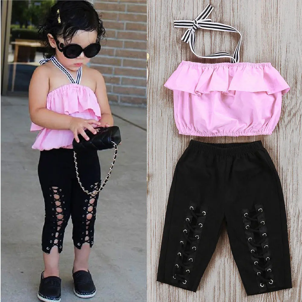 

2pcs Baby Girls Clothing Set Summer Girls Pink Top Ruffle+Cross Bandage Pant Children Fashion Clothing