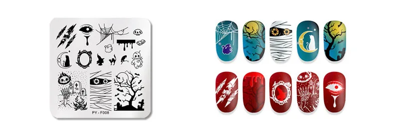 PY-F008 12*6cm Rectangle Nail Stamping Template Halloween Style pumpkin Spider Web Flower Patterns DIY Nail Designs Manicure Stamp Plate - Цвет: PY-F008