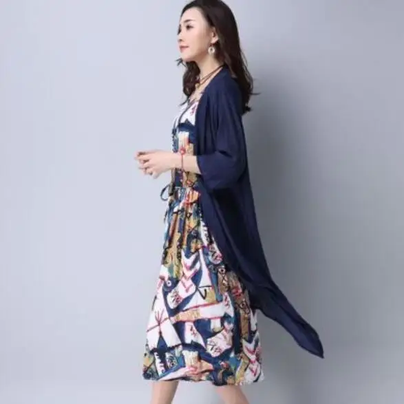 Женский летний кардиган хлопковое льняное платье 2 предмета Ретро стиль длинные