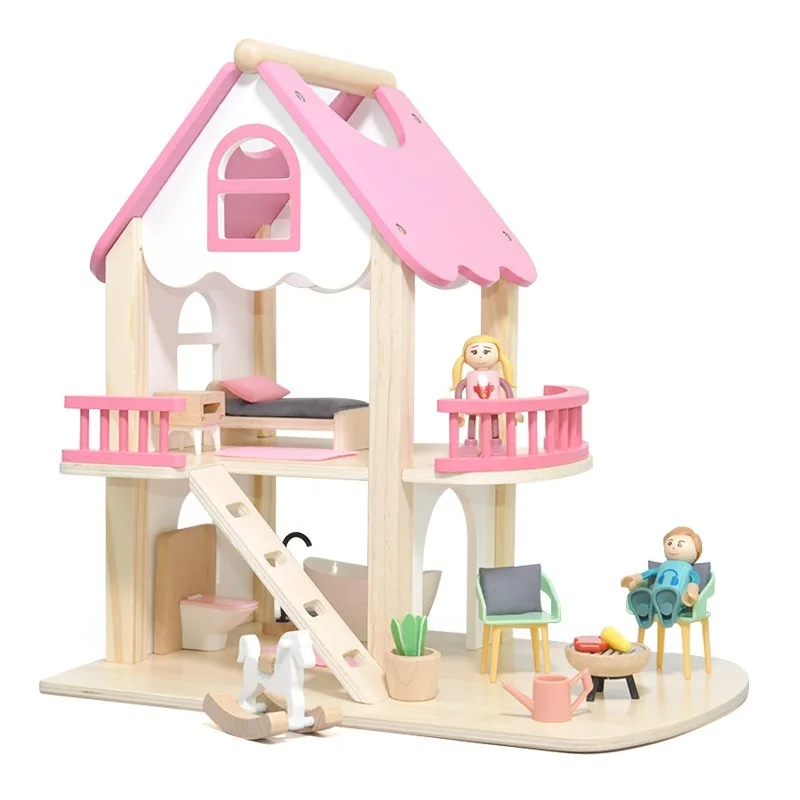 

Wooden Princess Big Villa DIY Dollhouses Pink Castle Play House With Slide Yard Kit Assembled Doll House Toys