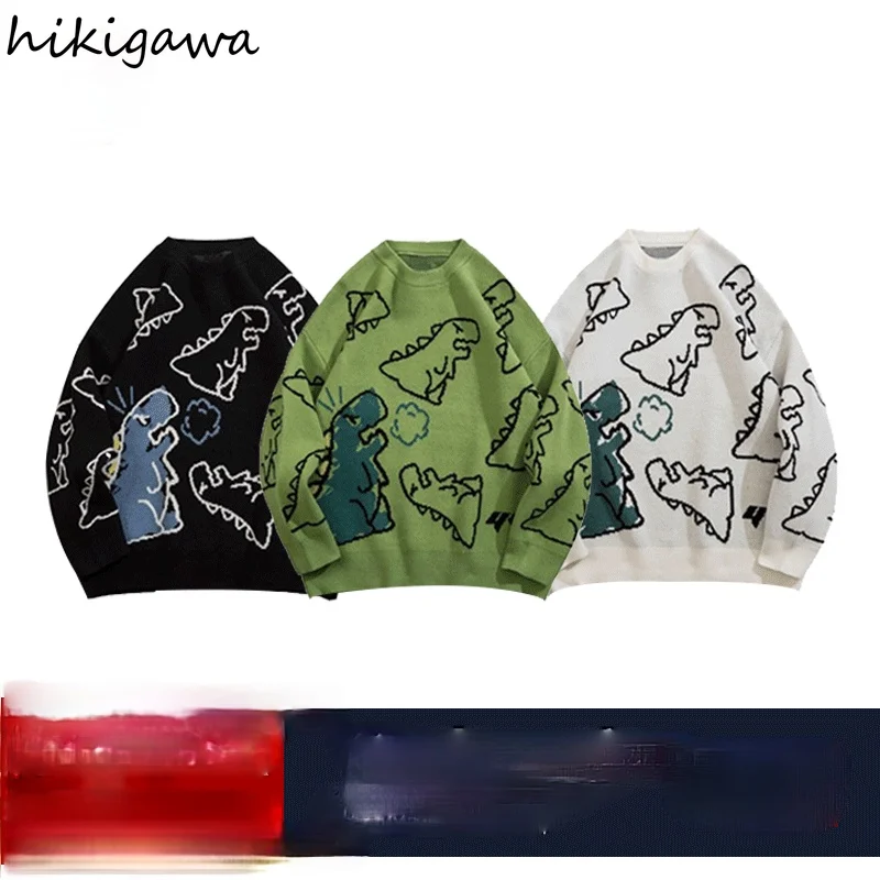 

Hikigawa Hapanese Harajuku Pullovers Women Dinosaur Cartoon Print Knit Sweater Jacket BF Streetwear Oversized Jumper Tops Femme
