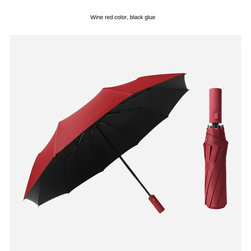 

10K automatic three-folded black coating sunscreen rainy sunny umbrella increase business pure color windproof strong umbrella