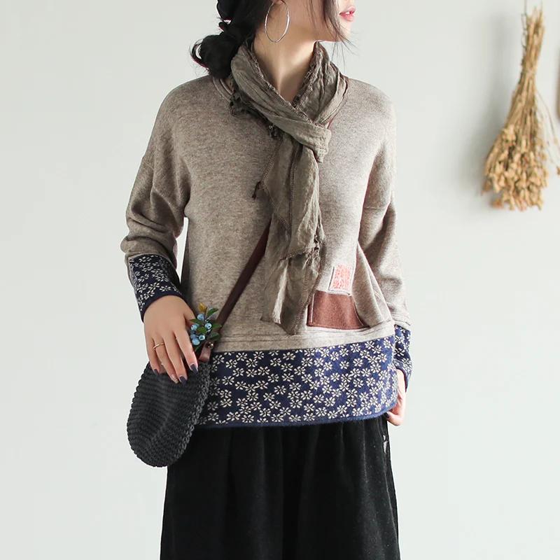 Женский пуловер свитера в стиле пэчворк цветочный принт длинный рукав осень 2019