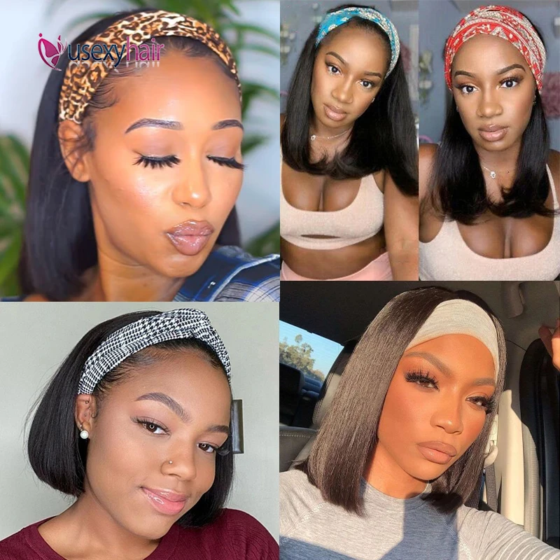 

180 Density Straight Bob Headband Human Hair Wigs Brazilian Human Hair Wigs For Black Women Full Machine Made Scarf Bob Wig