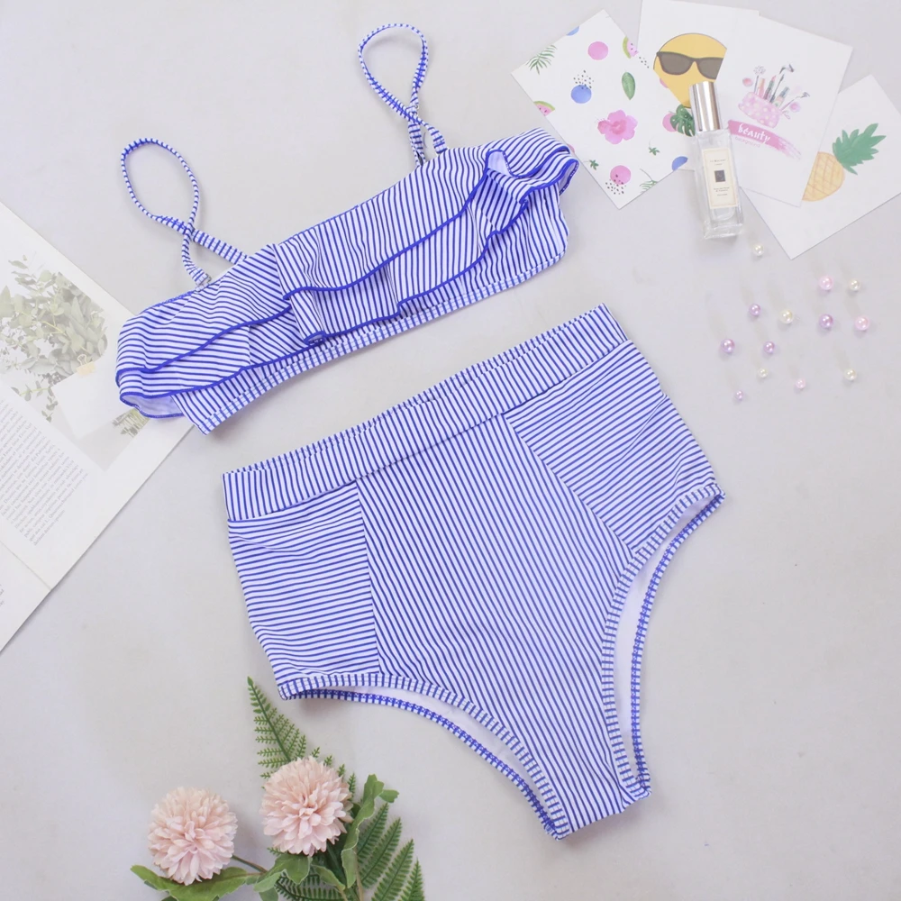Сексуальный купальник в стиле ретро синий полоску бандо пуш-ап высокая талия