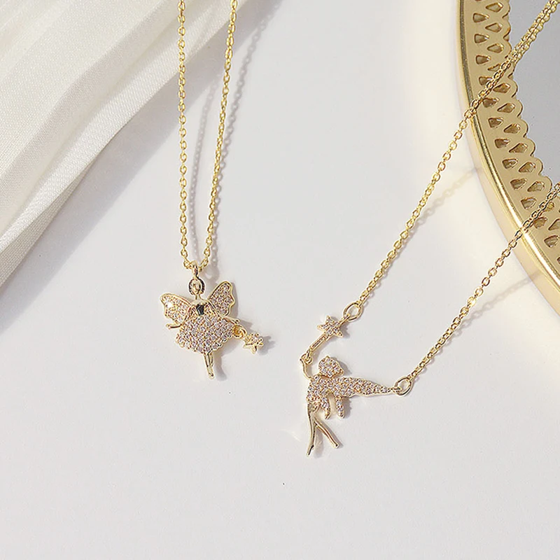 

Luxurious 14K Real Gold Fairy Magic Wand Goddess Necklace Women Zircon CZ Temperament Short Kolye Feminia Clavicle Necklace