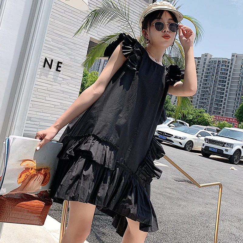 

Ruffles white black Dress Women Summer Korean o-neck Sleeveless Irregular Mini Dresses for women Streetwear dress vestidos