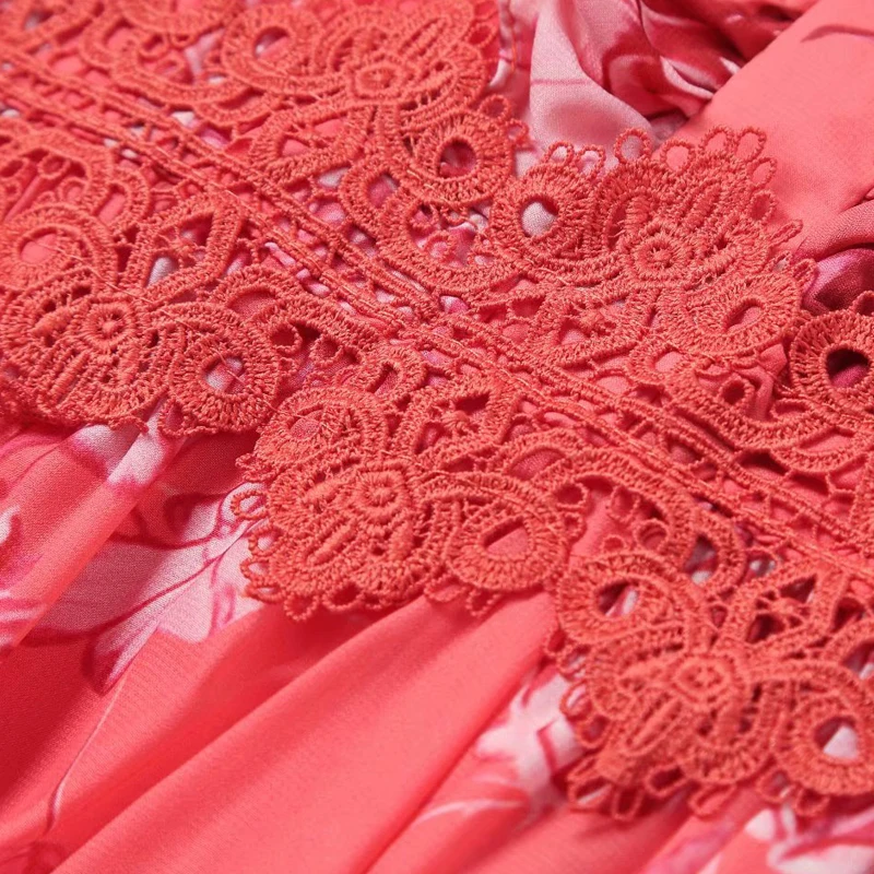 

SEQINYY Red Elegant Long Dress Summer Spring New Fashion Design Women Runway Flowers Print Ruffles Lace Chiffon High Quality