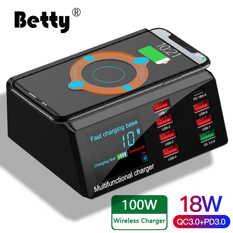 Бетти 100W интеллигентая (ый) цифровой ЖК дисплей 8 портов USB зарядное устройство Quick