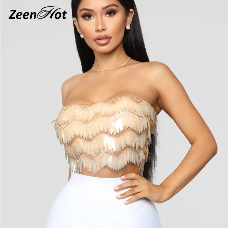 Sexy Strapless Sequins Tank Top Women Off The Shoulder Sleeveless Club Glitter Top Fashion Summer Sequined Vest Crop Tops