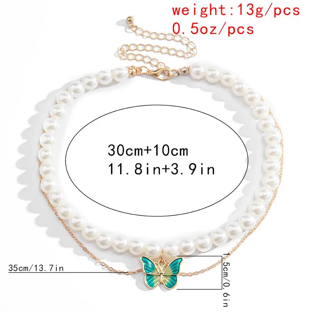 

Salircon Kpop Imitation Pearl Green Butterfly Pendant Necklace Boho Delicate Pendants Multilayer Chains Necklaces Women Jewelry